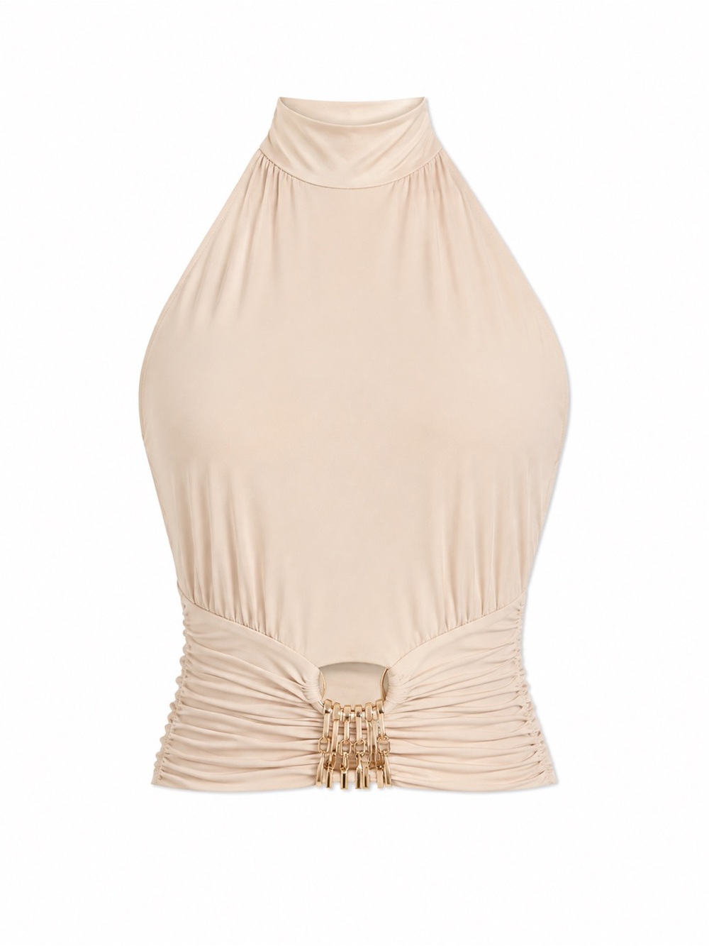 High-Neck Ruched Halter Top in Beige